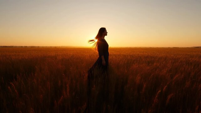 Woman in flowing dress standing in golden wheat field at sunset - 4K Video