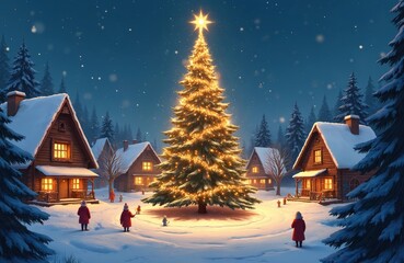 Fototapeta premium Cozy village scene on snowy night. Central fir tree shines with warm lights under starry sky. Small wooden houses glow, children enjoy festive atmosphere. Winter wonderland ambiance for holidays.