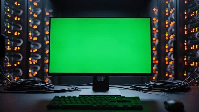 Green screen computer setup in server room for technology innovation