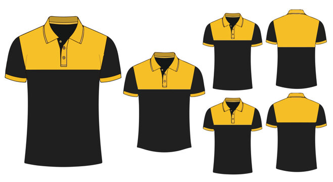 Flat lay of six black and yellow polo shirts with different views on a white background