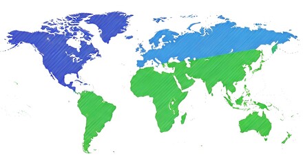 Naklejka premium A world map with the americas and antarctica in blue and the rest of the continents in green