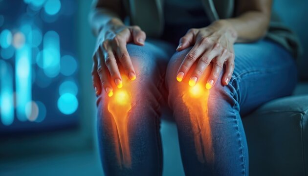 Woman feels knee joint pain. Bones glow orange showing discomfort from arthritis inflammation or injury. Female chronic pain condition illustration. Orthopedic problem and medical issues.