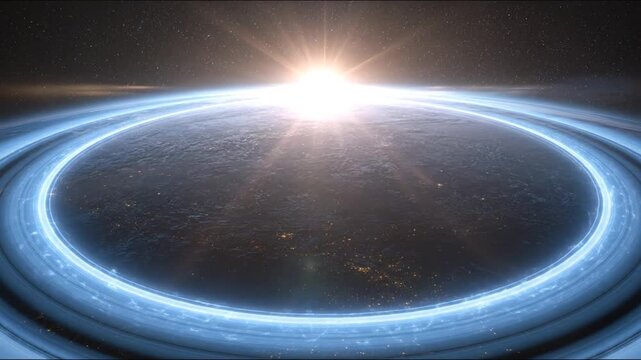 A celestial scene features a ringed planet illuminated by a brilliant sun rising in the distance