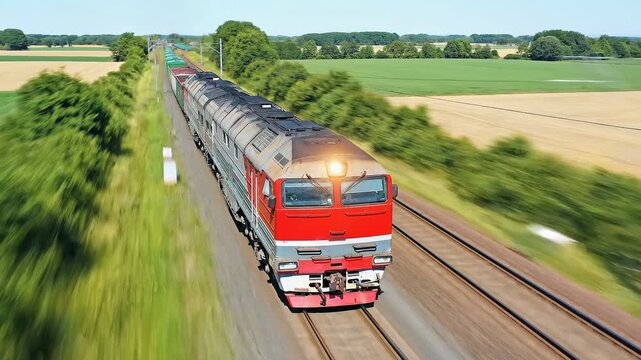 Freight train with diesel locomotive traveling on railroad tracks through rural green countryside at high speed with motion blur effect