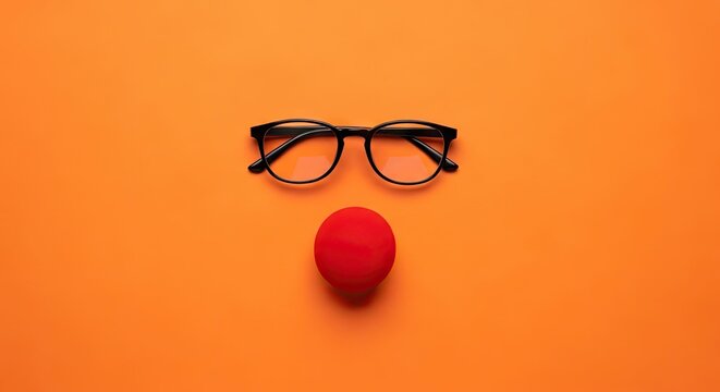 Black glasses above a red nose on an orange background, forming a face