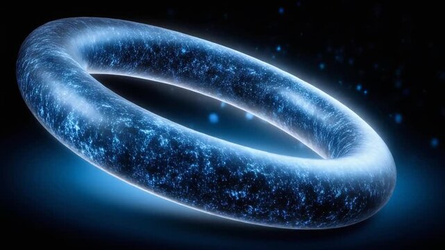A glowing, toroidal shape of blue energy, emanating light against a dark, gradient background