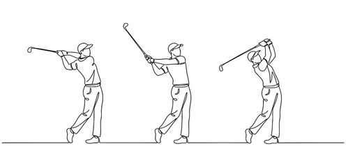 Golfer making swing motion on golf course. Vector illustration. Practice to make hole in one hit technique. Modern continuous line draw