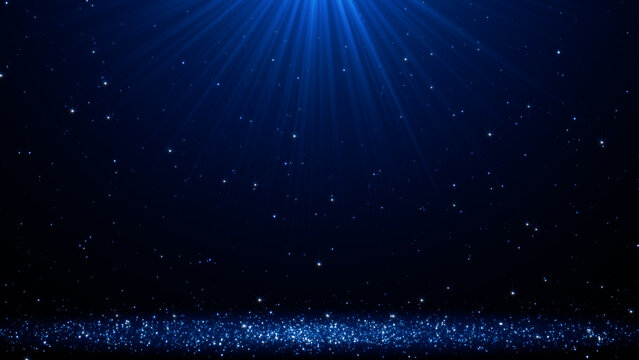 blue light rays with sparkling particles on a dark background, luxury glitter abstract gold particles and light rays celebration backdrop social media background