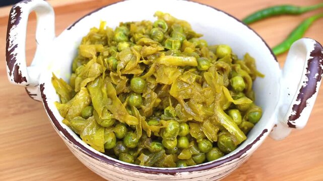 patta gobhi matar ki sabji or stir fried cabbage green peas served in a kadhai shaped bowl.
