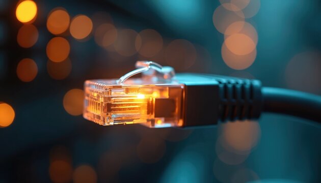 Close up of ethernet cable connector glowing orange. Blurred bokeh lights in background. Internet connection. Network device for data transfer. High speed information.