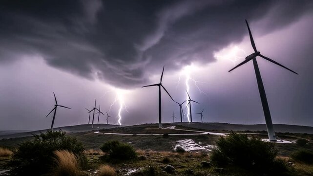 Wind Turbines Silhouetted Against Dramatic Lightning Storm Sky.