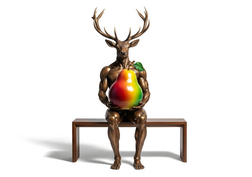 A surreal statue of a deer-like creature sitting on a bench with a colorful object