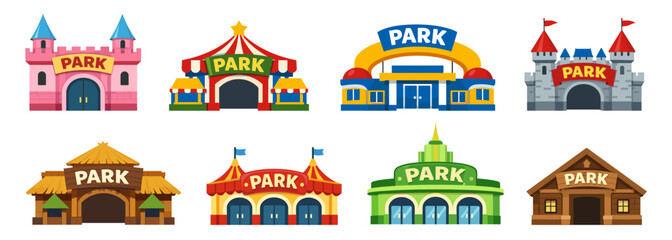 Obraz premium Amusement park entrance buildings collection. Colorful funfair architecture icons. Flat city entertainment infrastructure set