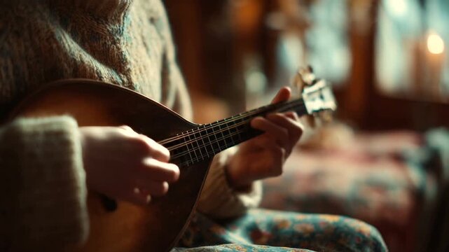 Close-up of a person playing a mandolin in a cozy setting with warm lighting.