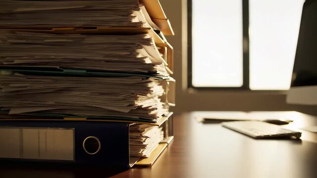 Large stack of paper documents and folders on office desk