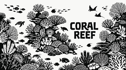underwater ocean coral reef landscape with tropical marine wildlife and colorful fish in black and white sea environment representing deep aquatic nature ecosystem exploration and diving © samira