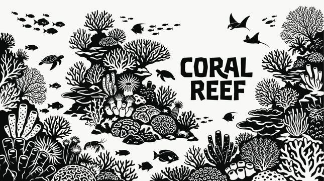 underwater ocean coral reef landscape with tropical marine wildlife and colorful fish in black and white sea environment representing deep aquatic nature ecosystem exploration and diving