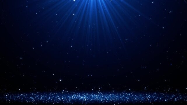blue light rays with sparkling particles on a dark background animation, luxury glitter abstract gold particles and light rays celebration backdrop motion background