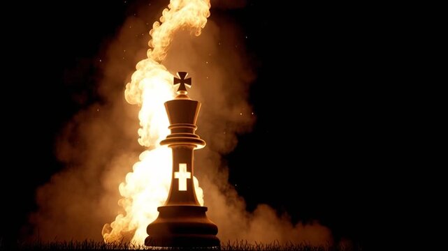 A chess king silhouette, enshrouded in flames against a black backdrop, dramatic lighting