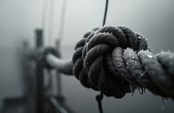 Thick nautical rope tied in a secure knot. Water droplets cling to the wet, dark cord. The texture and detail of the weathered marine binding are clear.