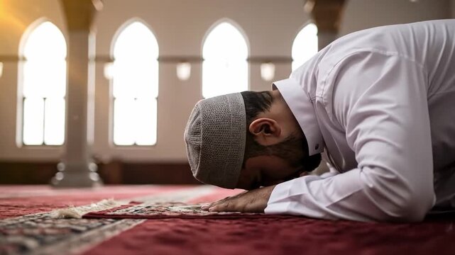Man in white attire and cap praying on a red carpet in a serene room with arched windows, Ramadan Kareem