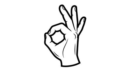 Obraz premium Hand Making OK Gesture Line Art, Outline Drawing of Approval Sign, Success and Agreement Concept, isolated white background.