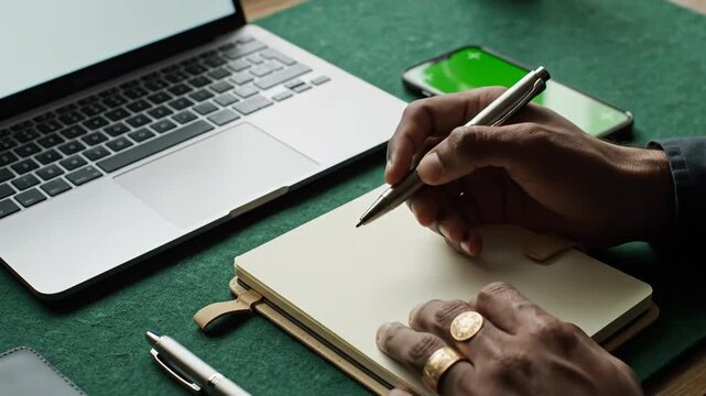 Laptop smartphone and notebook on green desktop workspace overhead shot