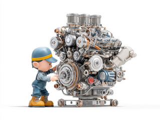 A detailed 3D cartoon mechanic in overalls and a cap meticulously fixing an engine using a wrench, isolated on a clean white background with high-key lighting.

