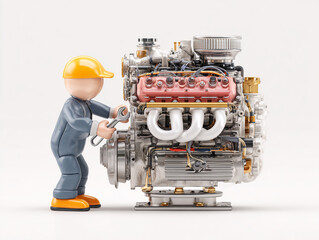 A detailed 3D cartoon mechanic in overalls and a cap meticulously fixing an engine using a wrench, isolated on a clean white background with high-key lighting.
