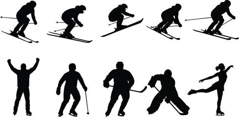 Obraz premium Winter sports athlete silhouette set skiing hockey skating action poses isolated black vector – flavector