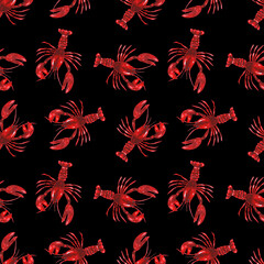 Red lobsters seamless pattern on a black background. Ideal for seafood-related designs, restaurant branding, kitchen decor, textile, or marine-themed artistic projects. Hand drawn watercolor