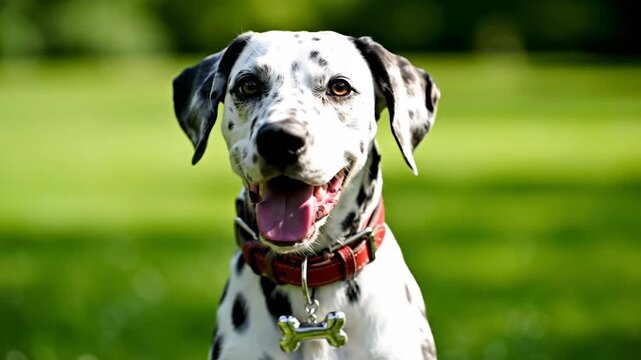 Happy dalmatian dog portrait on green grass sunny outdoor scene