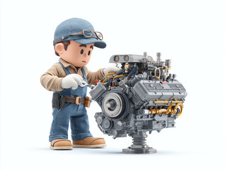 A detailed 3D cartoon mechanic in overalls and a cap meticulously fixing an engine using a wrench, isolated on a clean white background with high-key lighting.
