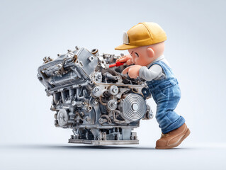 A detailed 3D cartoon mechanic in overalls and a cap meticulously fixing an engine using a wrench, isolated on a clean white background with high-key lighting.

