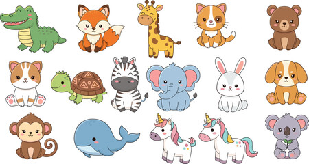 Cute baby animals cartoon set with crocodile, elephant, zebra, bunny, unicorn, whale and fox © MDSelim