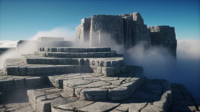 Aerial shot of colossal stone monolith terraces floating at cloud level