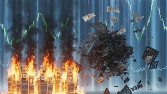 Financial Crisis Money Burning Stock Market Crash Economic Collapse.