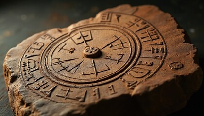 Obraz premium Ancient clay tablet displays circular cuneiform script and astrological symbols. This artifact shows early writing and star mapping. It represents history and ancient knowledge.