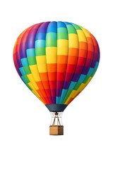 Naklejka premium A hot air balloon with bright colors floats in the sky. It has a round shape and hangs from a wicker basket. The scene shows a clear day with no clouds in sight
