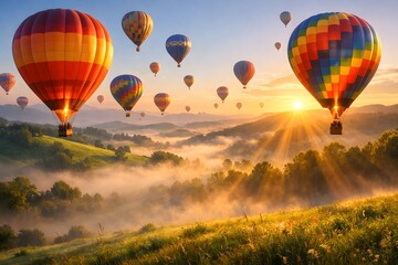 Fototapeta premium Hot air balloons take flight above a green valley filled with mist. The sun rises in the background, casting warm light over the scene. People watch as the balloons ascend during early morning