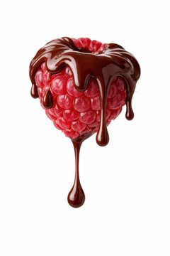 Fresh raspberry shaped like a heart covered with dripping chocolate isolated on white background