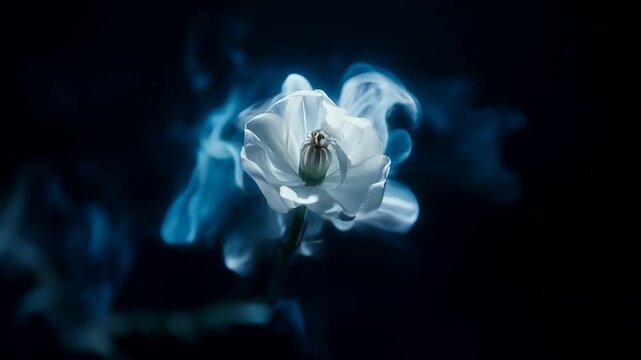Mysterious 3D render of a ghost-like flower made of white smoke and energy forming a shape.