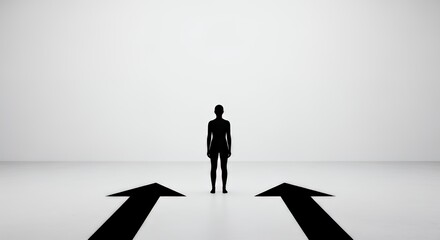 Fototapeta premium Minimalist scene of person between left and right arrows on floor