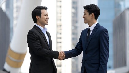 Fototapeta premium Two businessmen in suits shaking hands, symbolizing professional collaboration and success