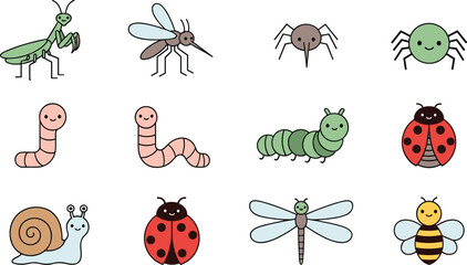 Cute simple insects icon set with ladybug, bee, spider, worm, snail and dragonfly © MDSelim
