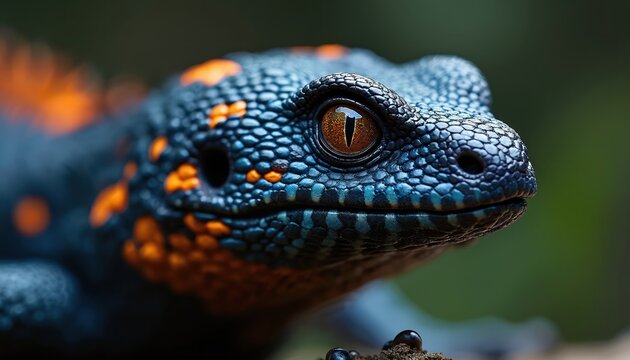 Close up on Gila monster head showing detailed scales and orange spots. This reptile has striking orange eye and textured skin. Wildlife macro shot in natural setting.