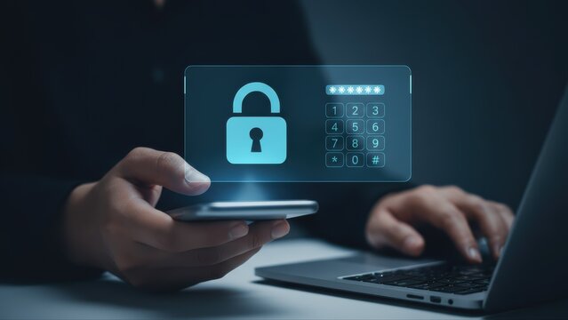 A person holds a smartphone with a glowing digital password interface for advanced cyber security protection.