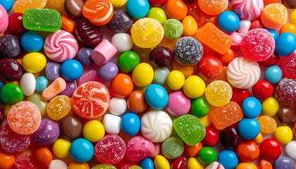 Fototapeta premium Colorful assortment of various candies and sweets scattered on a flat surface