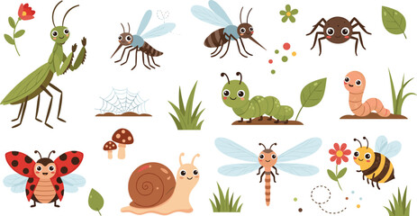 Cute garden insects illustration set with mantis, ants, ladybug, snail, bee and dragonfly © MDSelim