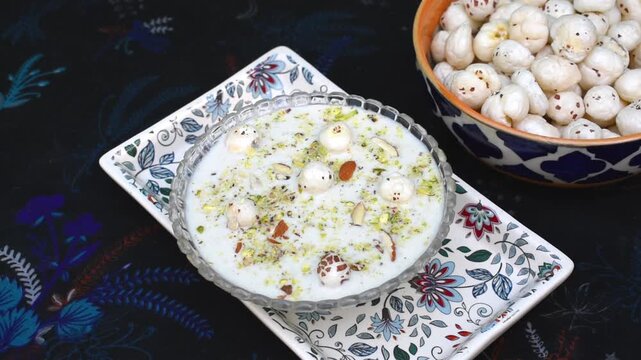 Navratri Special Makhana Kheer Prasad in a glass bowl with roasted makhana on background. Traditional milk based Indian dessert made with foxnut, sugar and milk